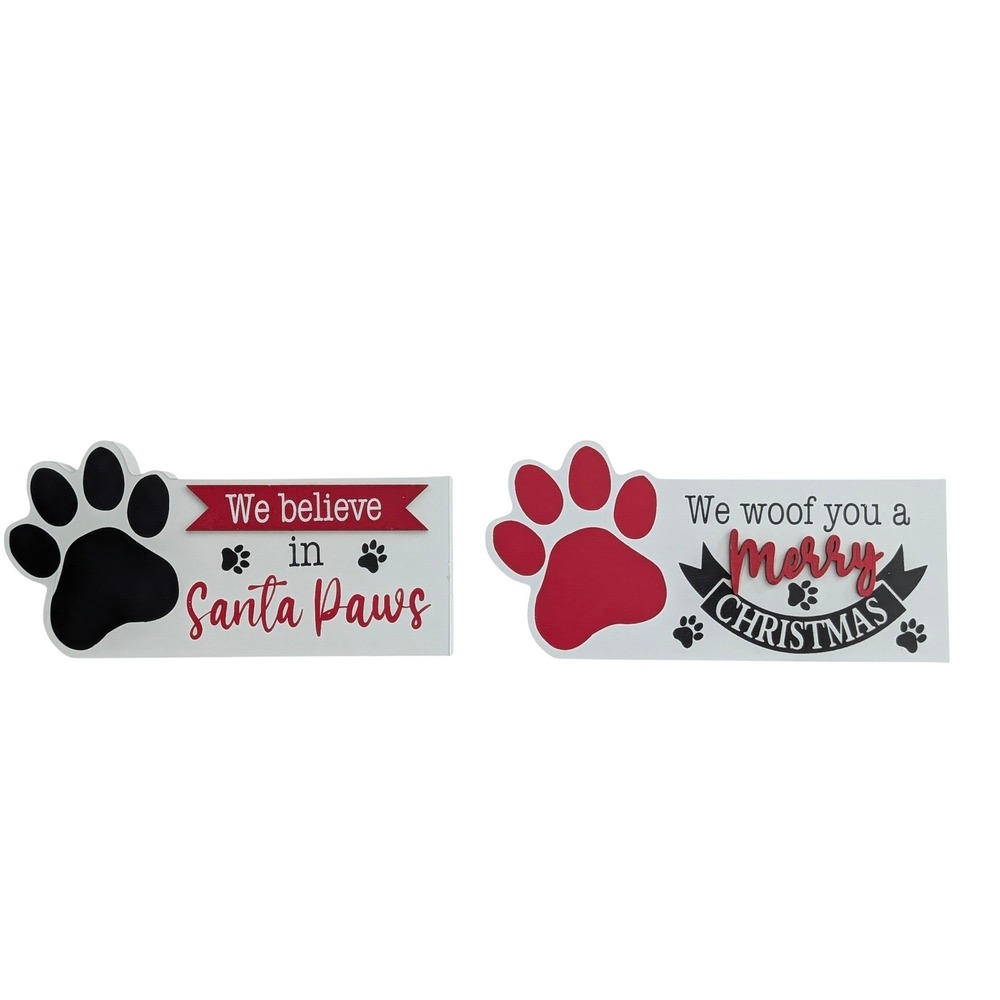 Christmas Dog Paw Wood Block Signs Set of 2 Santa Paws Merry Christmas Decor